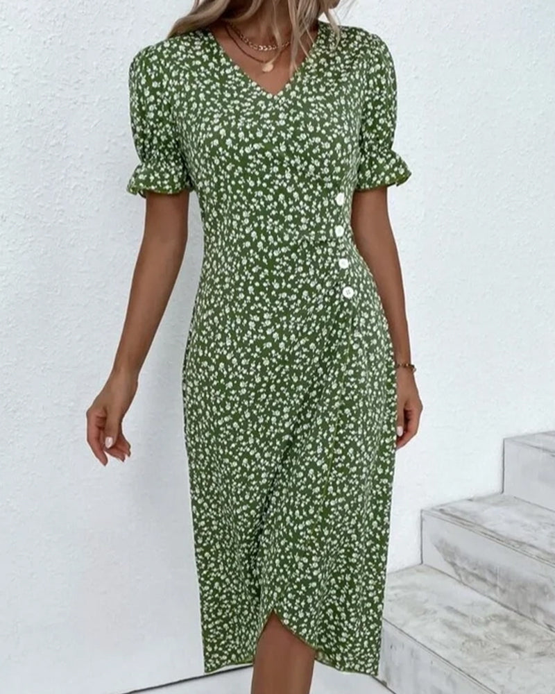 Quincy Women's Summer Dress - Floral Dress with Short Sleeves and Stylish Button Fastening