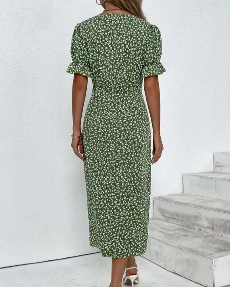 Quincy Women's Summer Dress - Floral Dress with Short Sleeves and Stylish Button Fastening