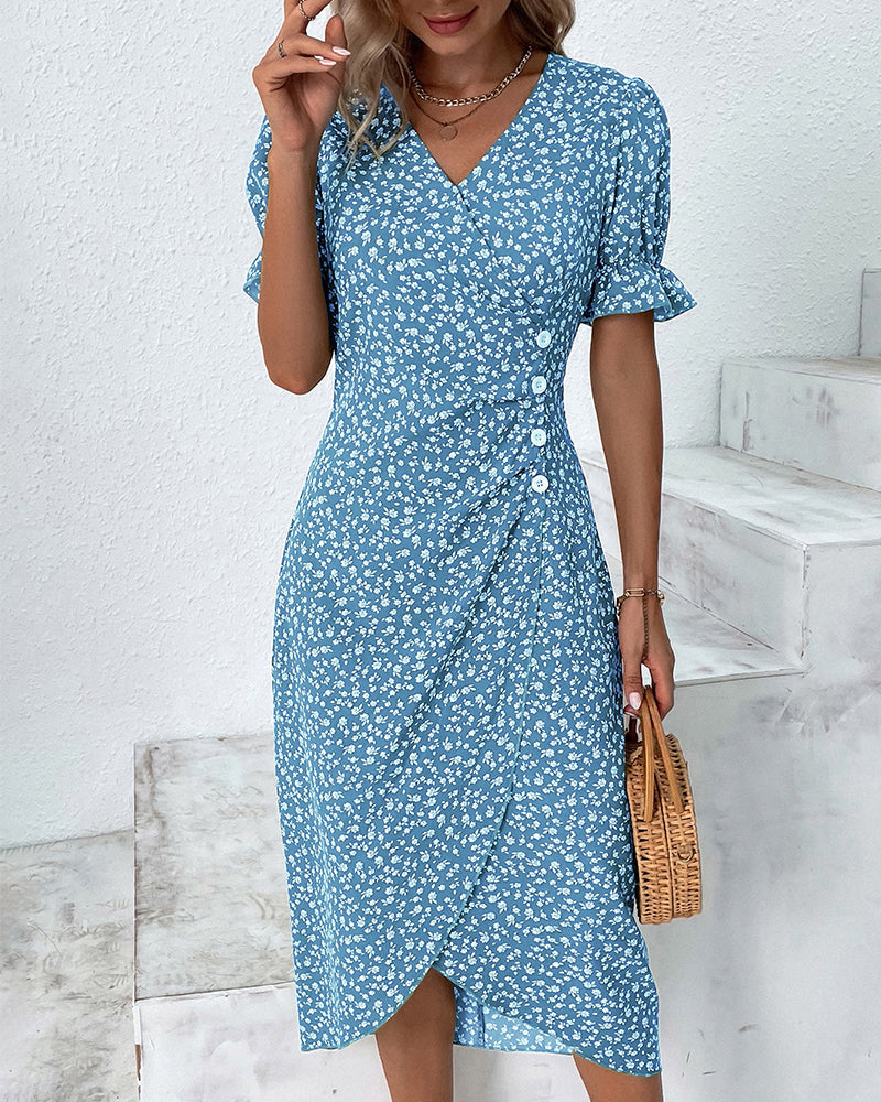 Quincy Women's Summer Dress - Floral Dress with Short Sleeves and Stylish Button Fastening