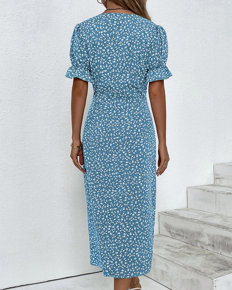 Quincy Women's Summer Dress - Floral Dress with Short Sleeves and Stylish Button Fastening