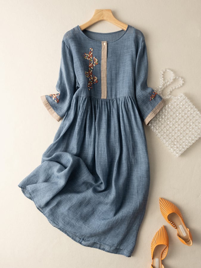 Zara Women's Dress - Embroidered Cotton and Linen Dress with Ethnic Design and Comfortable Cut