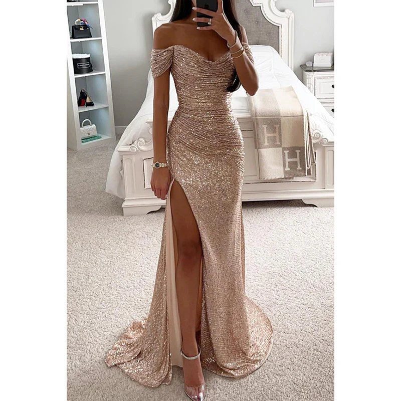 Della - Off-Shoulder Sequin Maxi Dress with High Split