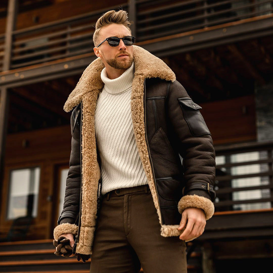 Giacca da aviatore in shearling da uomo | Caldo cappotto da pilota in ecopelle