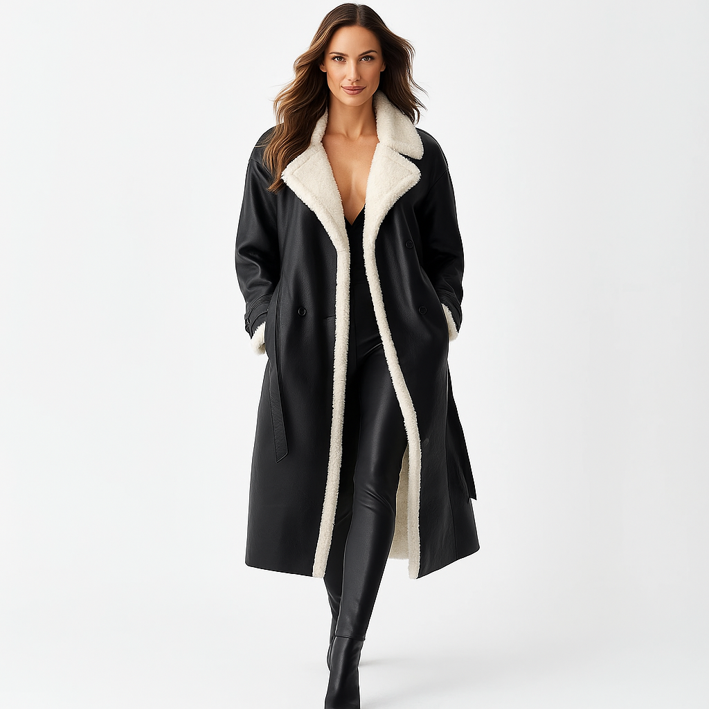 Double-Breasted Shearling Trim Coat for Women - Image 1