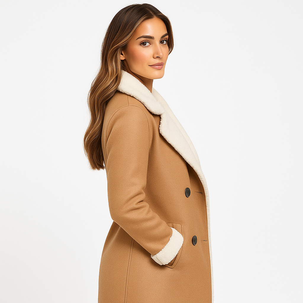 Double-Breasted Shearling Trim Coat for Women - Image 5