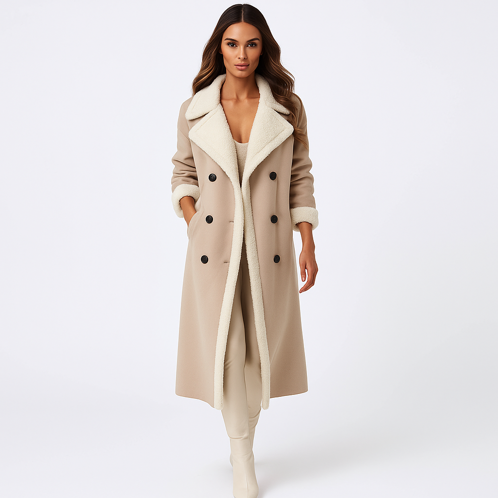 Double-Breasted Shearling Trim Coat for Women - Image 7