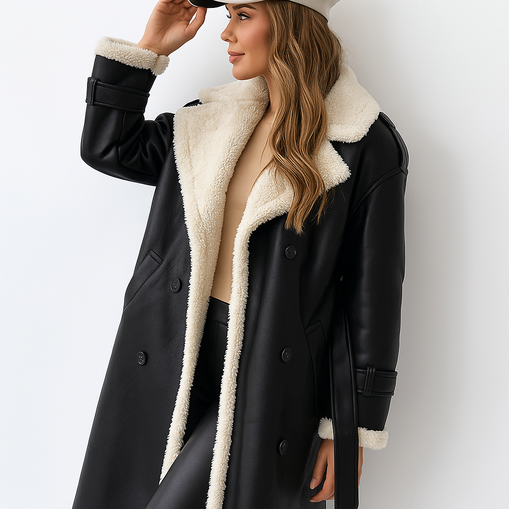 Double-Breasted Shearling Trim Coat for Women - Image 2