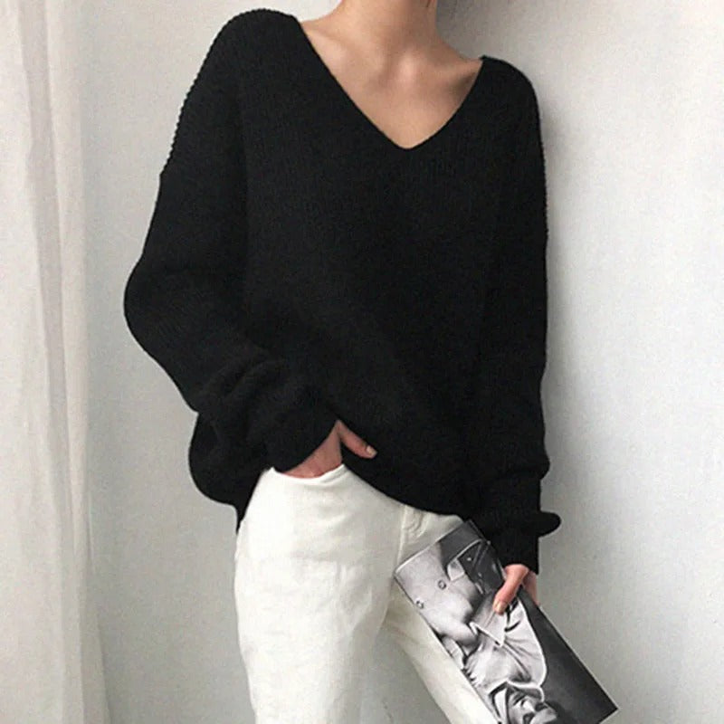Chunky V-neck knitted sweater