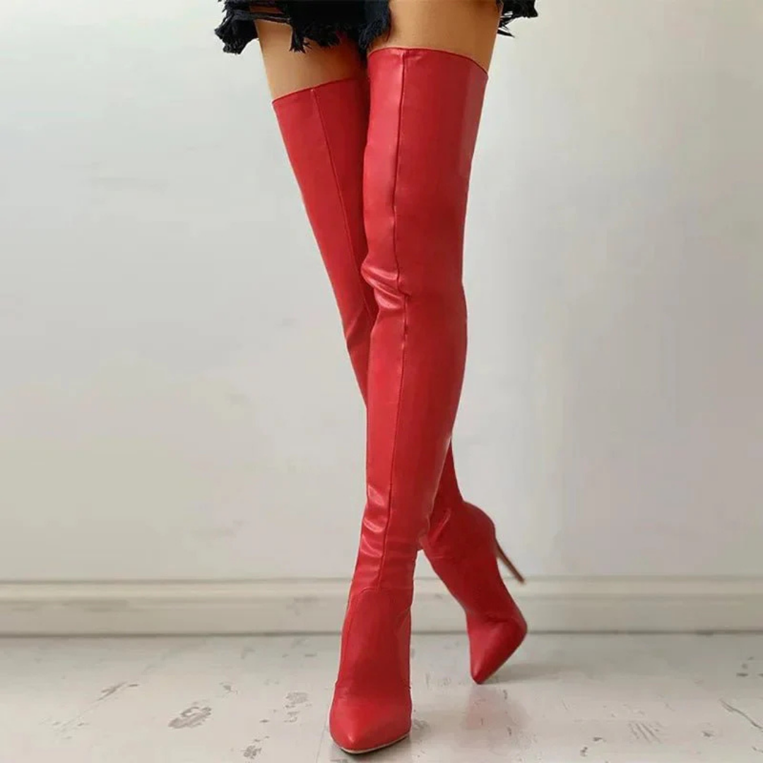 Women's high-heeled, zippered and pointed toe boots - High-thigh