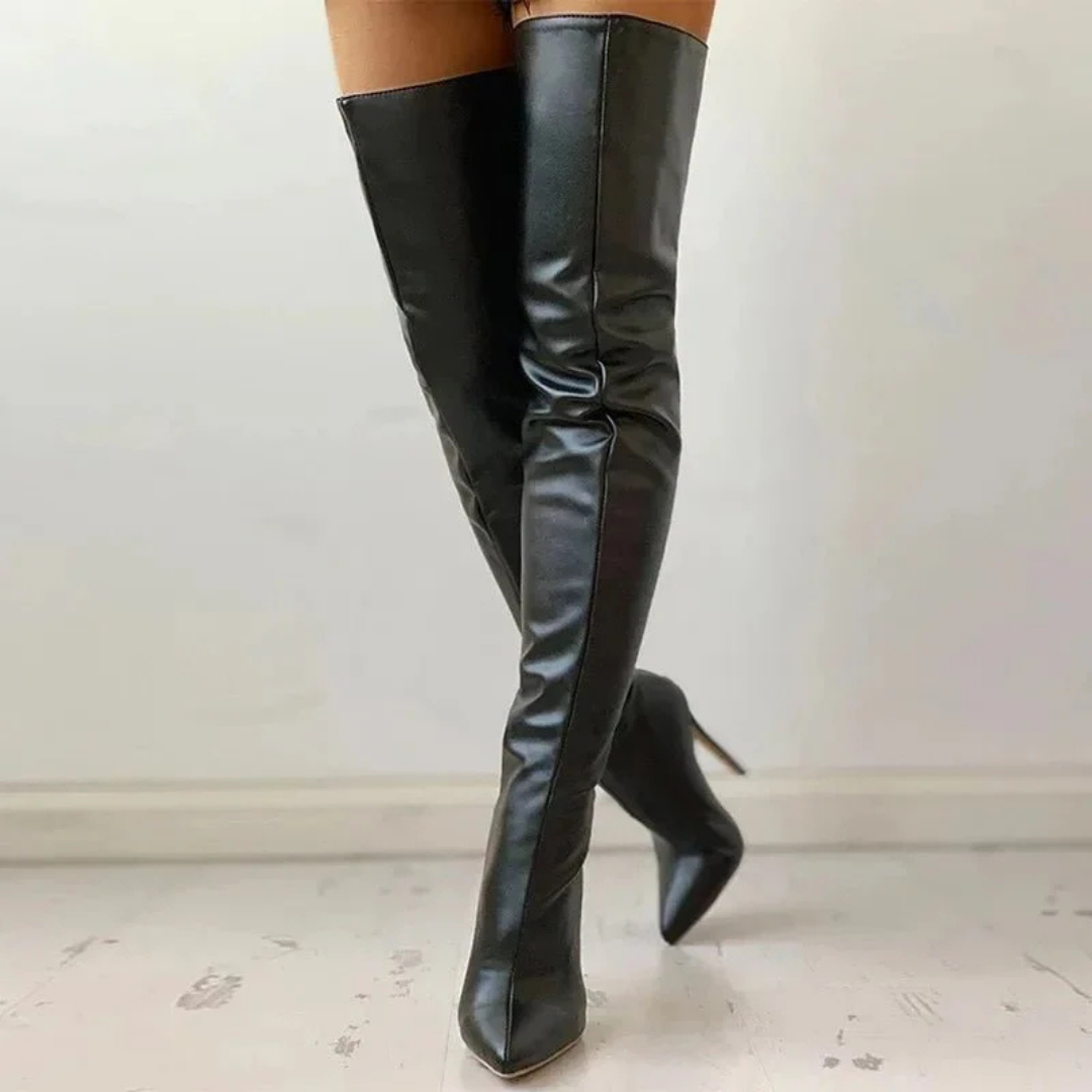 Women's high-heeled, zippered and pointed toe boots - High-thigh