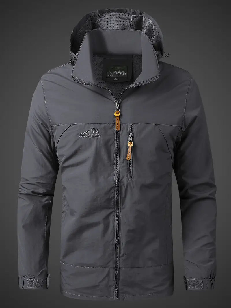 Waterproof men's rain jacket with hood and zipped pockets for outdoor use