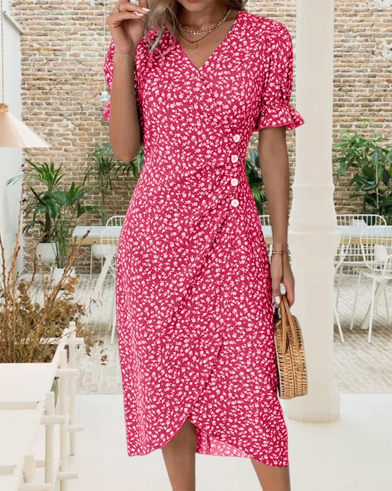 Quincy Women's Summer Dress - Floral Dress with Short Sleeves and Stylish Button Fastening