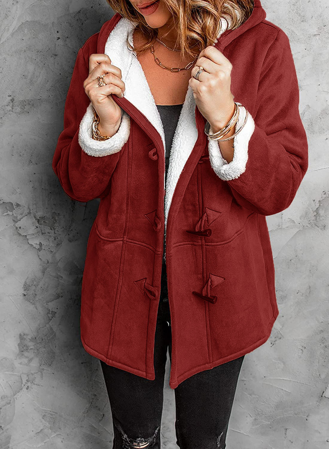 Women's toggle winter coat with hood and warm lining