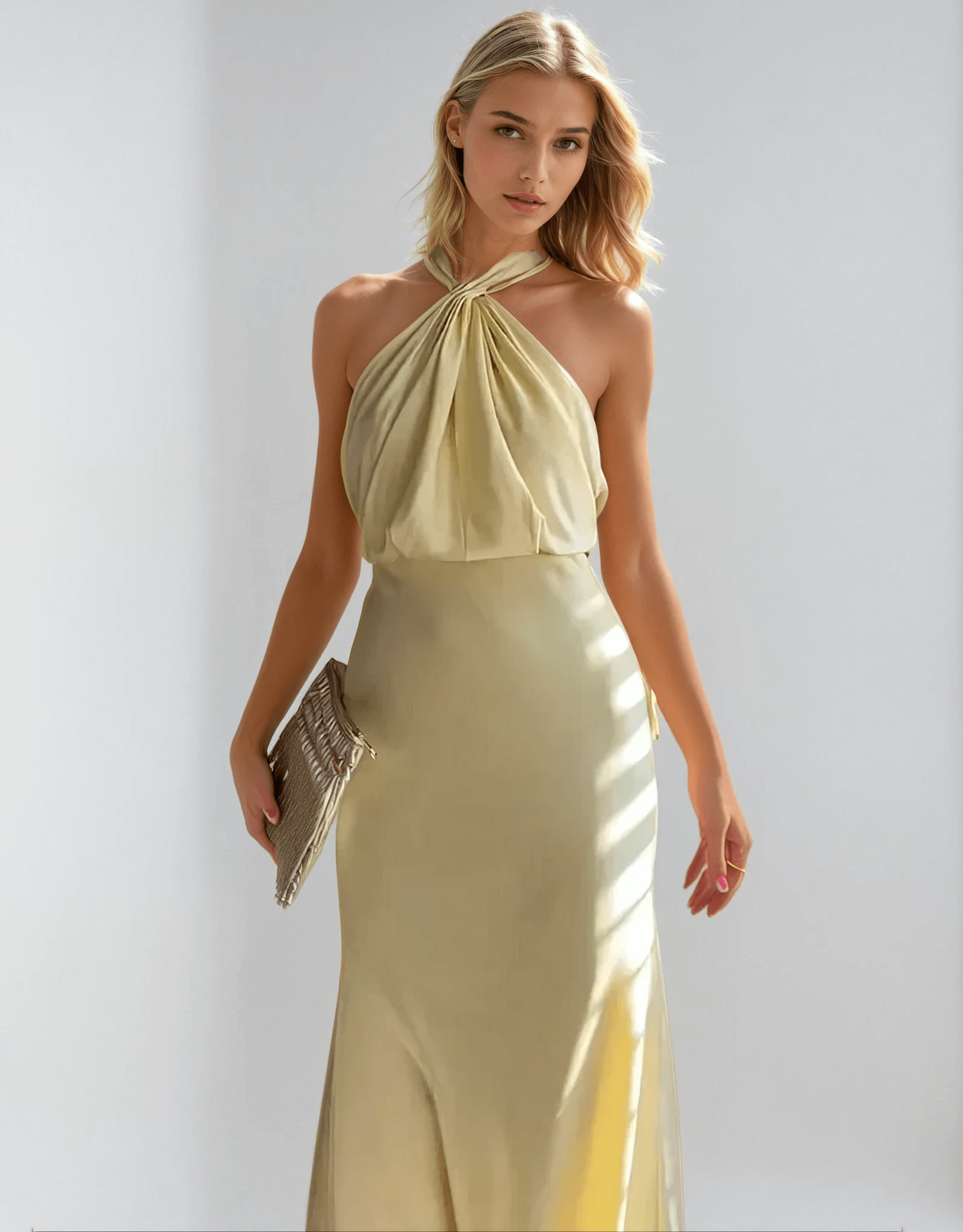 Gabriella Women's Maxi Dress - Elegant Gown with Halter neckline, Creases and Airy Fabric for Special Occasions