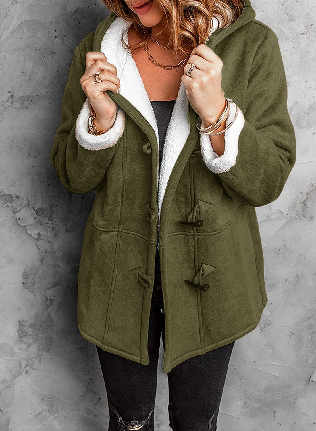 Women's toggle winter coat with hood and warm lining