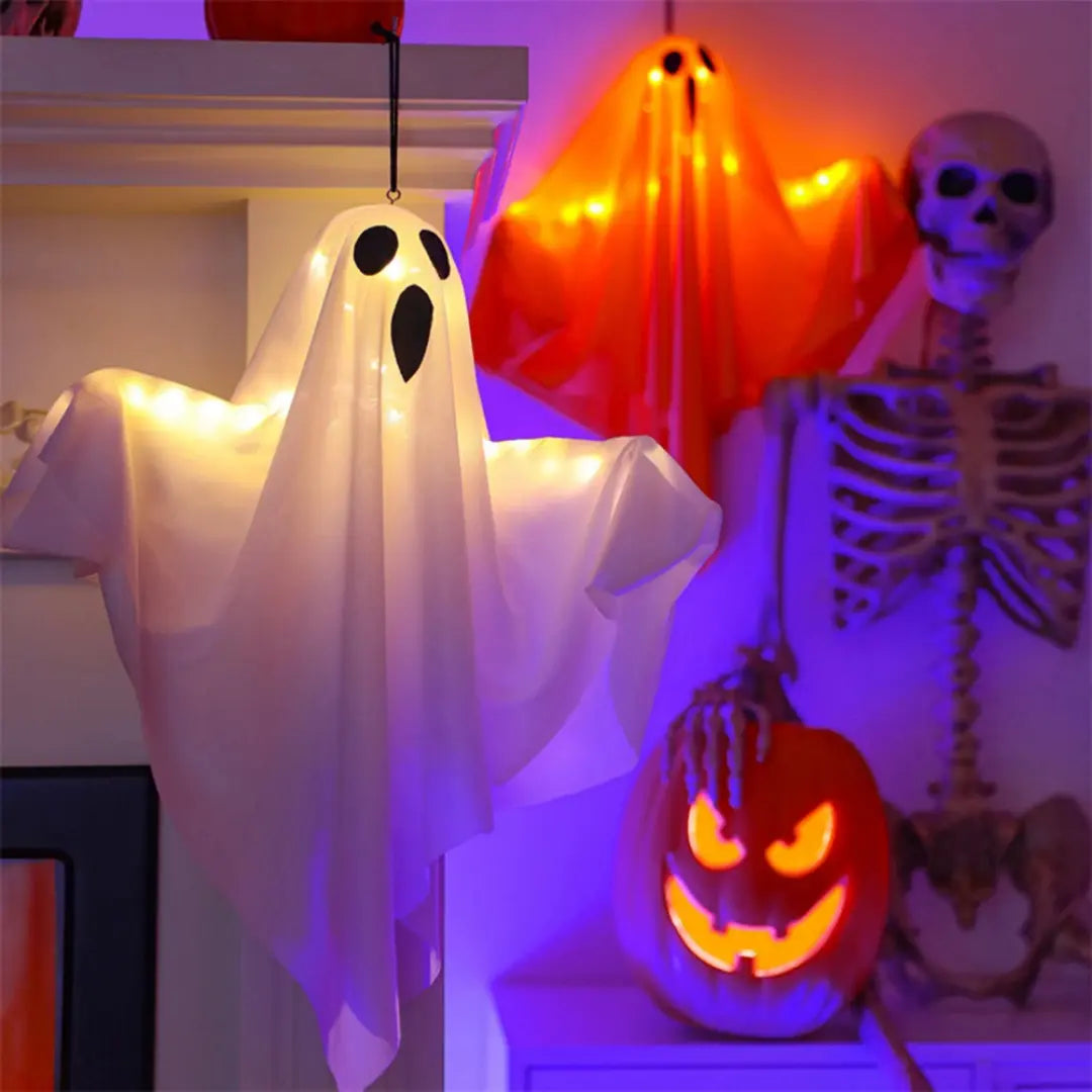 Halloween Glowing White Ghost - LED Hanging Decoration with Fairy Lights