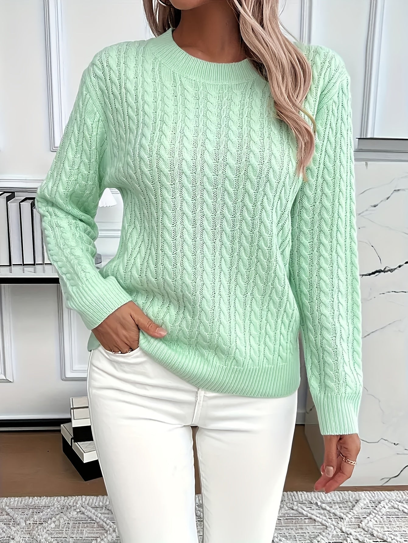 Knitted sweater with cable pattern for women - Soft and stylish sweater for spring and fall