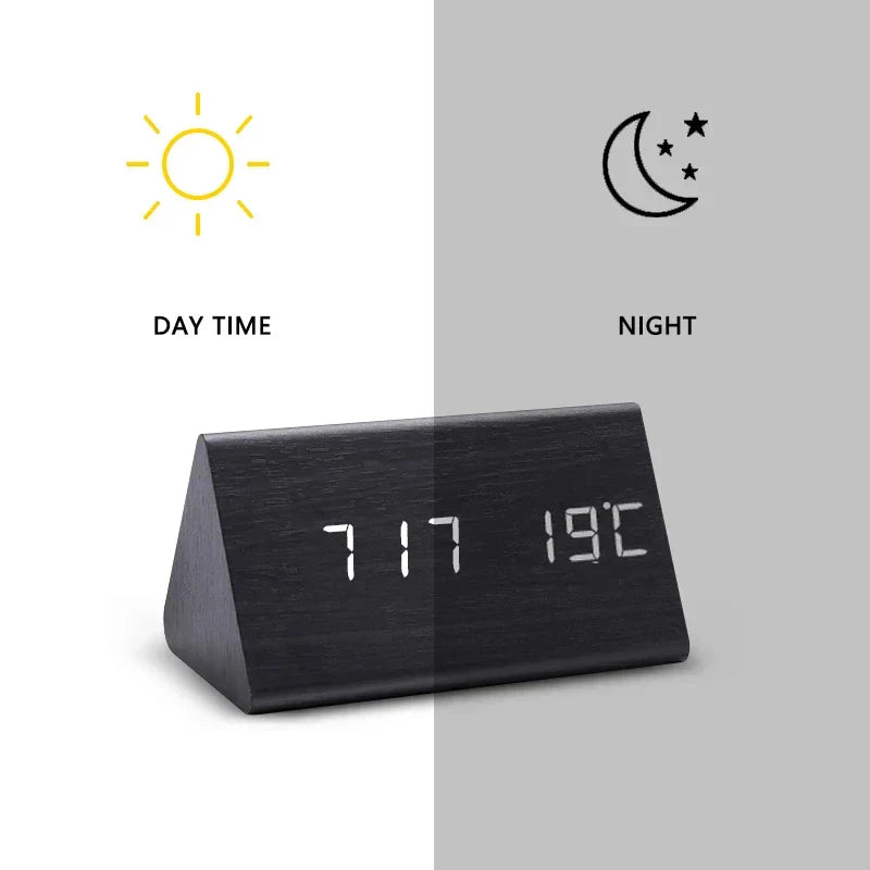 Digital alarm clock made of wood - LED display, voice control, adjustable brightness