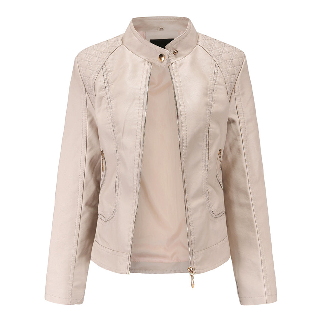 PU leather jacket with stand-up collar for women