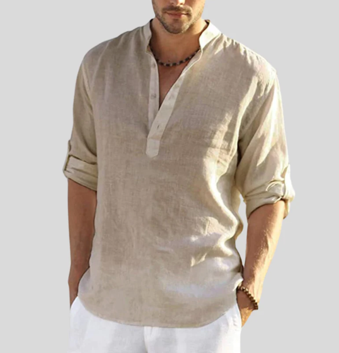 Ansel Men's Linen Shirt - Breathable Summer Shirt with Short Button Strip and Rolled Sleeves