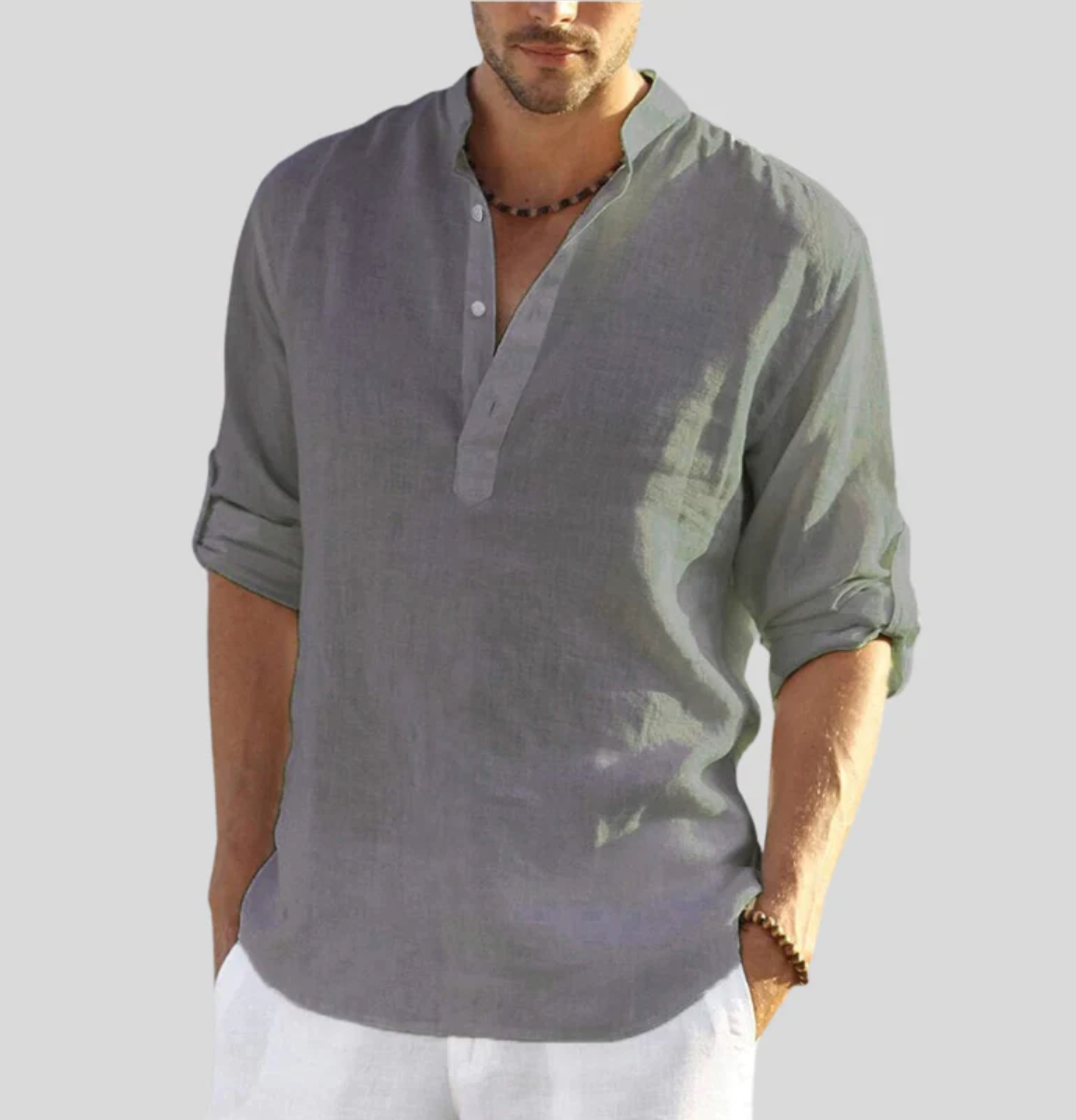 Ansel Men's Linen Shirt - Breathable Summer Shirt with Short Button Strip and Rolled Sleeves