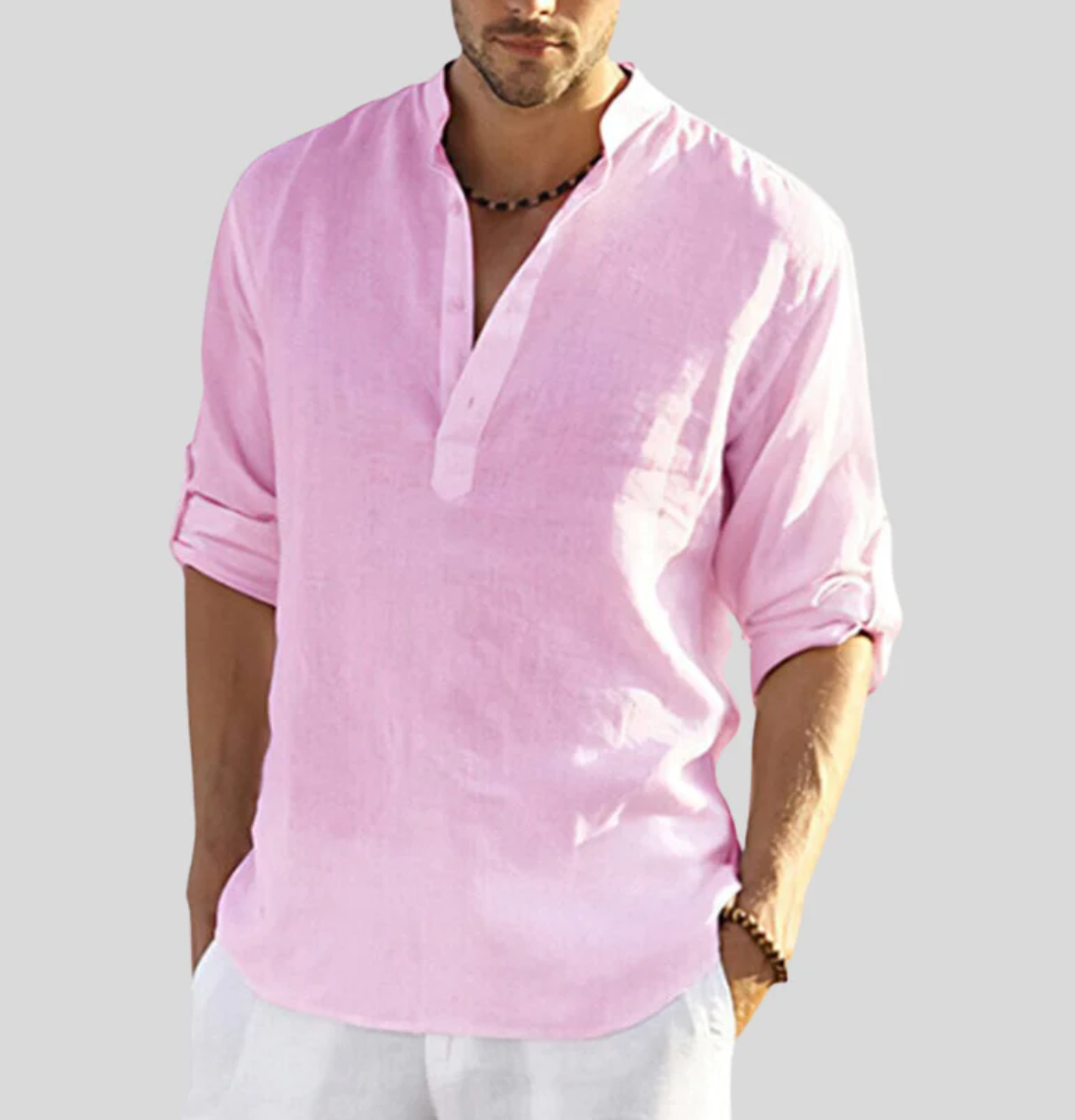 Ansel Men's Linen Shirt - Breathable Summer Shirt with Short Button Strip and Rolled Sleeves