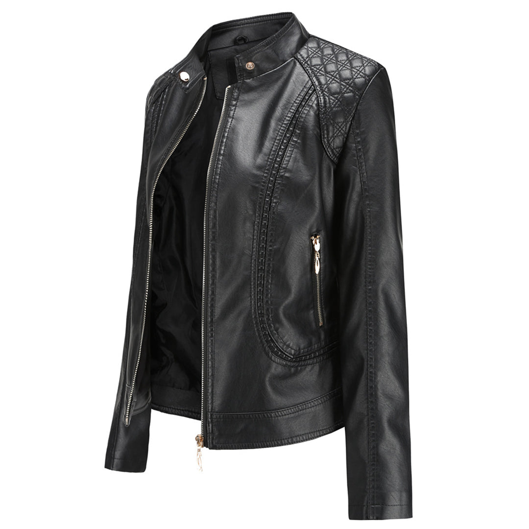 PU leather jacket with stand-up collar for women