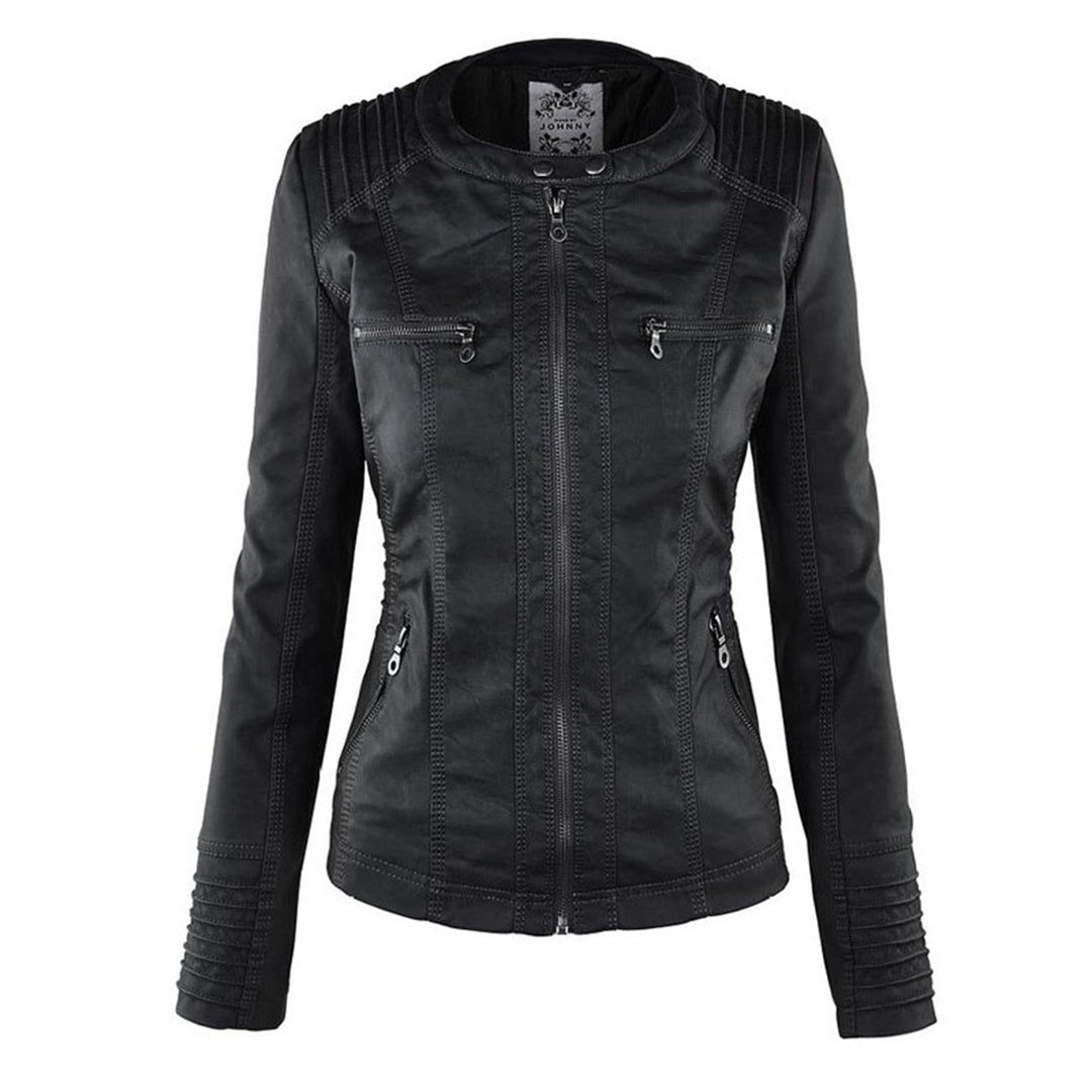 PU leather jacket with hood for women