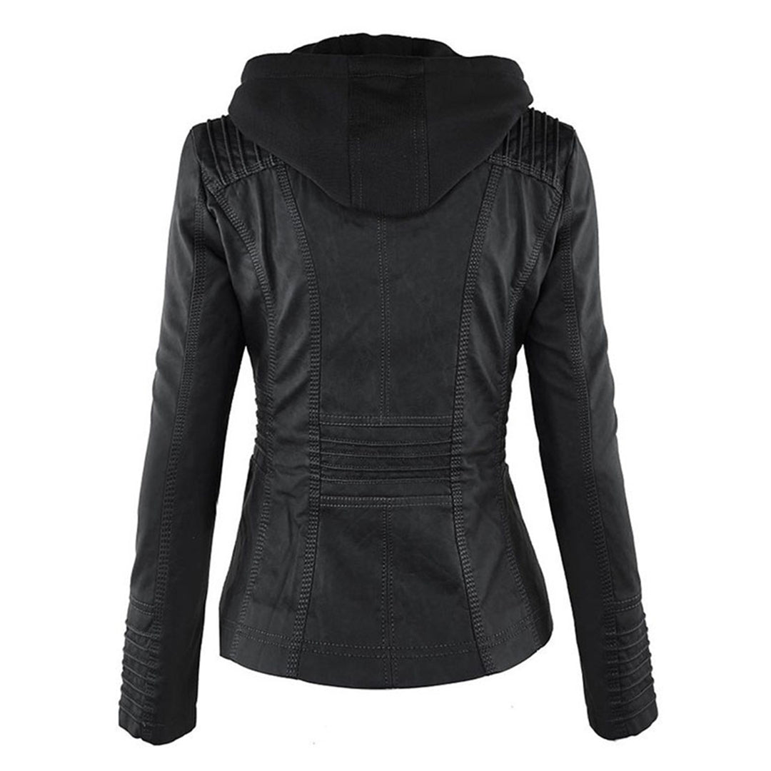 PU leather jacket with hood for women