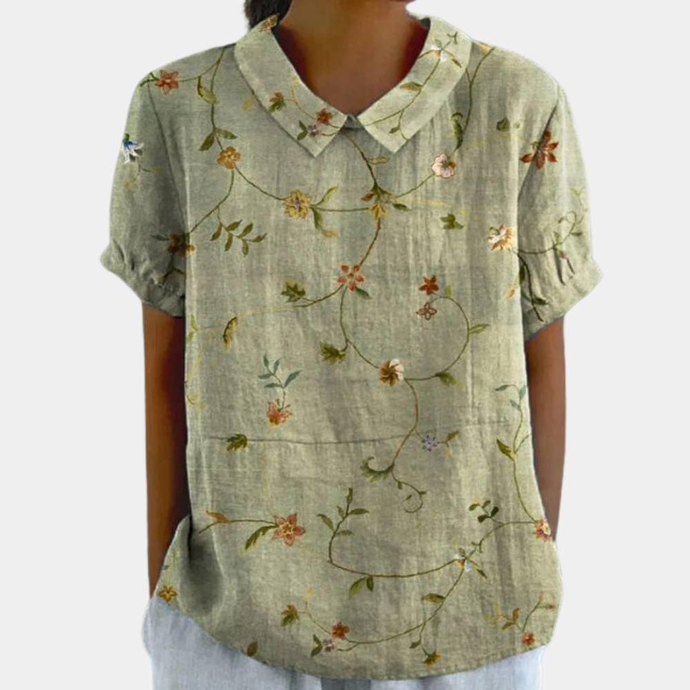 Bruna Women's Blouse - Everyday Blouse with Short Sleeve, Pastoral Floral Pattern and Round Neck