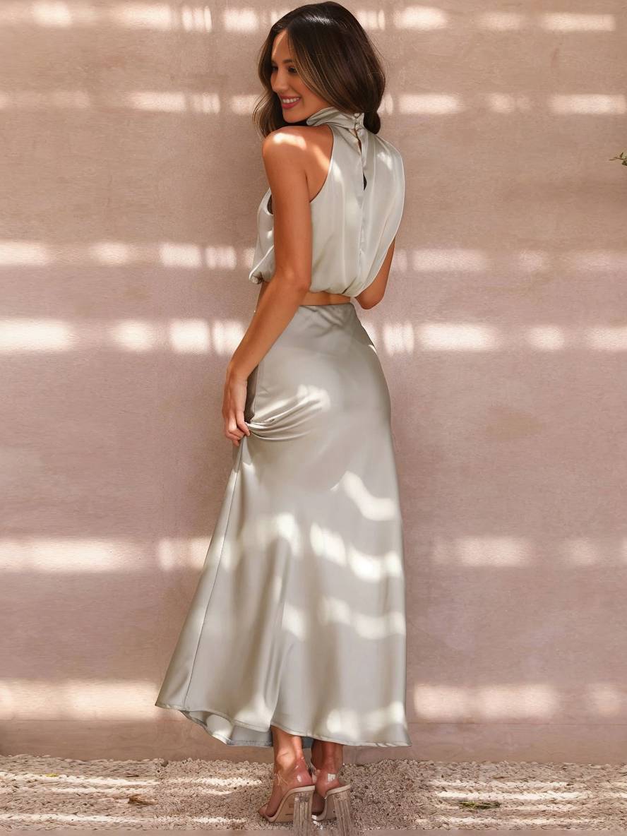 Deserie Women's Evening Dress - Elegant Two-Piece Sleeveless Halter Dress, Perfect for Wedding and Reception