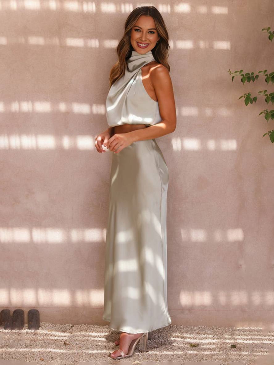 Deserie Women's Evening Dress - Elegant Two-Piece Sleeveless Halter Dress, Perfect for Wedding and Reception