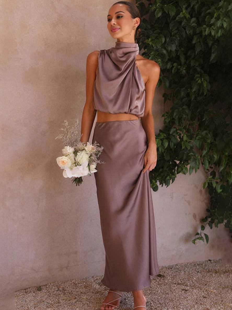Deserie Women's Evening Dress - Elegant Two-Piece Sleeveless Halter Dress, Perfect for Wedding and Reception