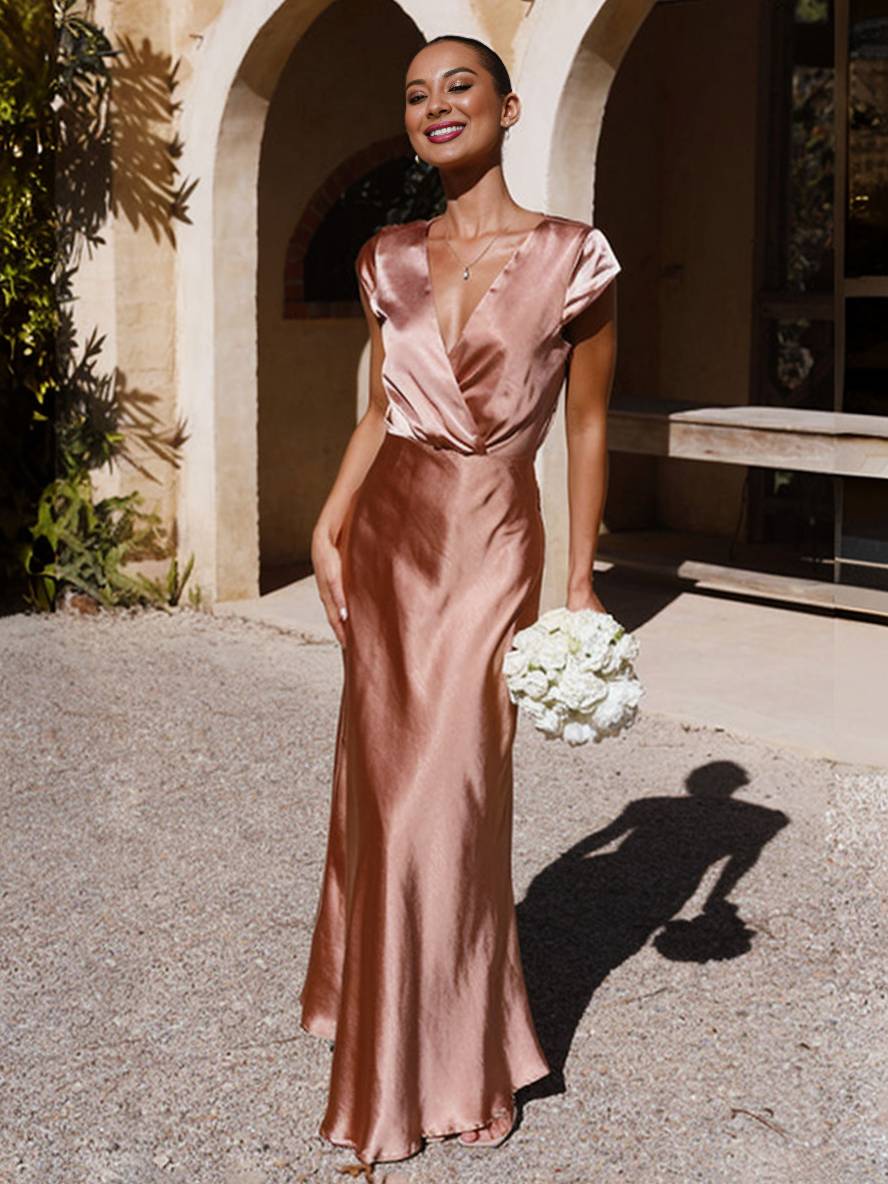 Samantha Women's Evening Dress - Sleeveless Satin Mermaid Dress with Neckline and Elegant Sleeves