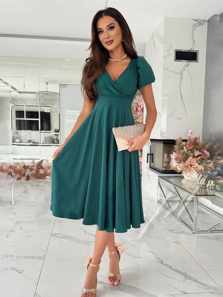 Julie Women's Dress - Elegant Bridesmaid Dress with Cheeky Neck, Short Buff Sleeves and Flowy Cut