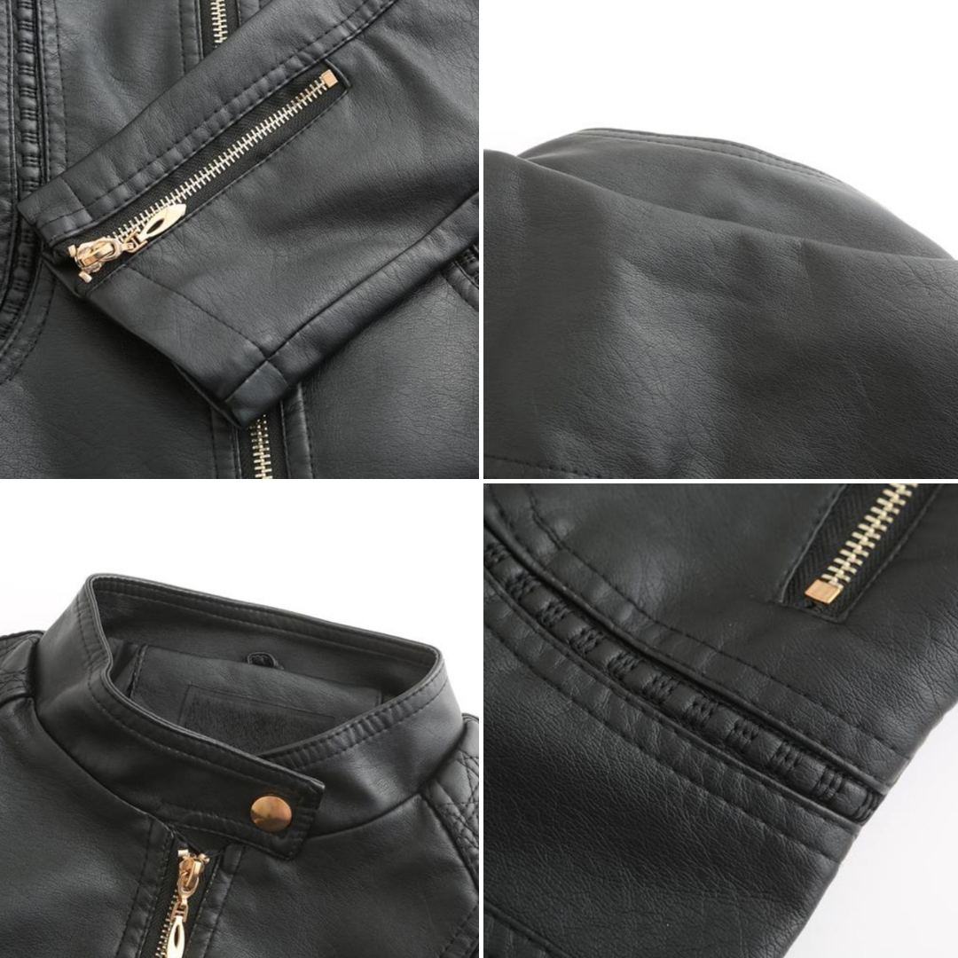 PU leather jacket with stand-up collar for women