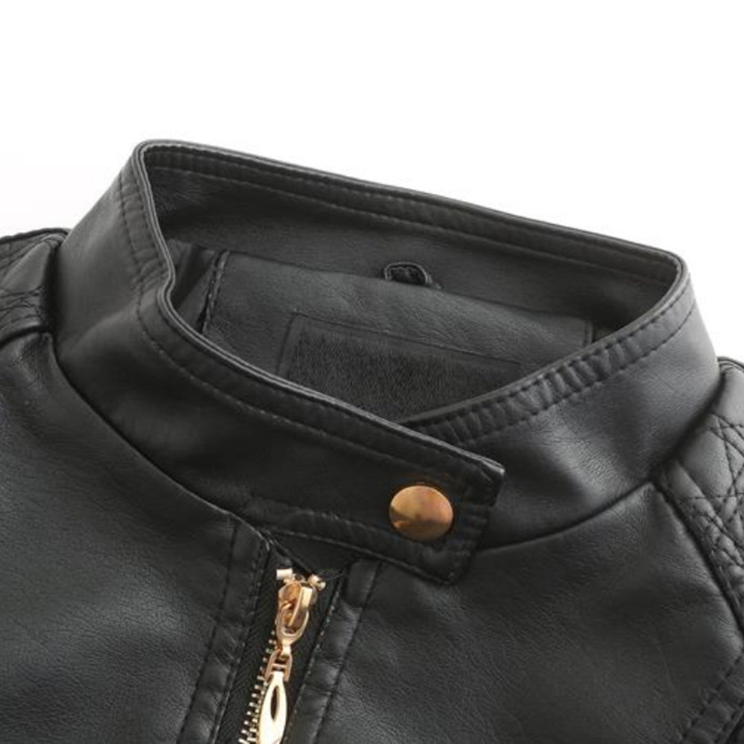 PU leather jacket with stand-up collar for women