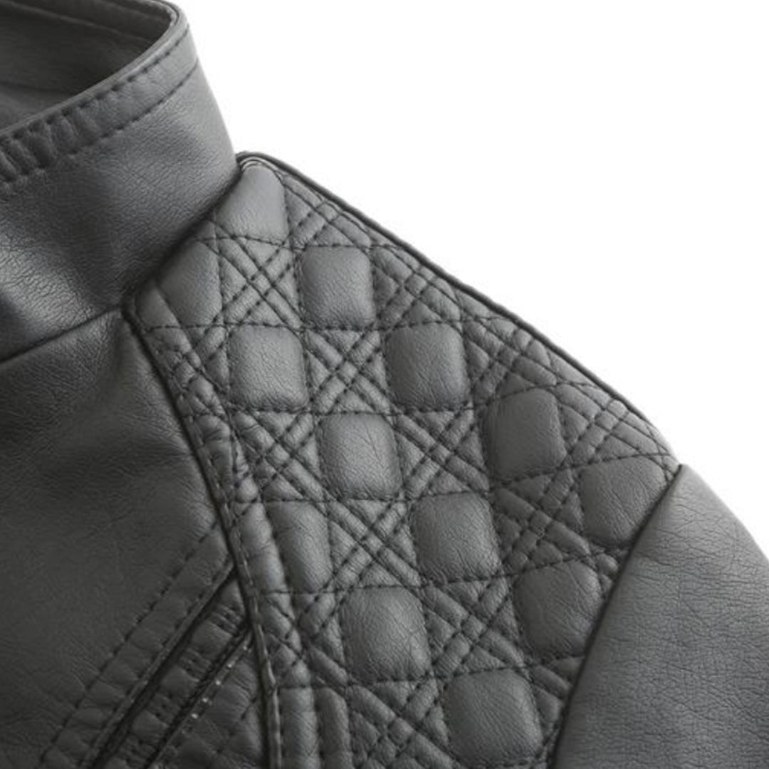 PU leather jacket with stand-up collar for women
