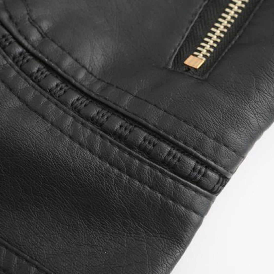 PU leather jacket with stand-up collar for women