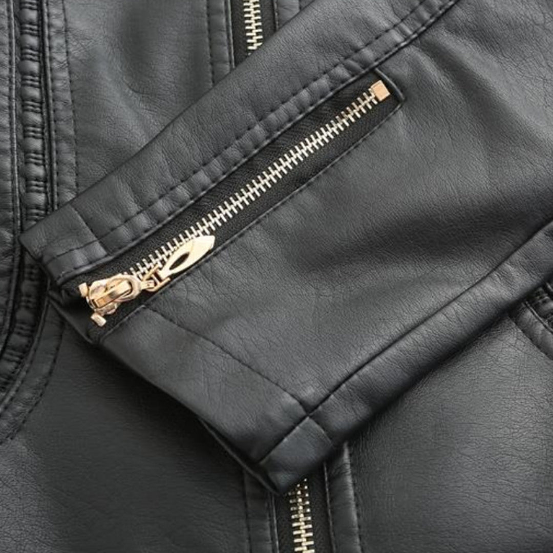 PU leather jacket with stand-up collar for women