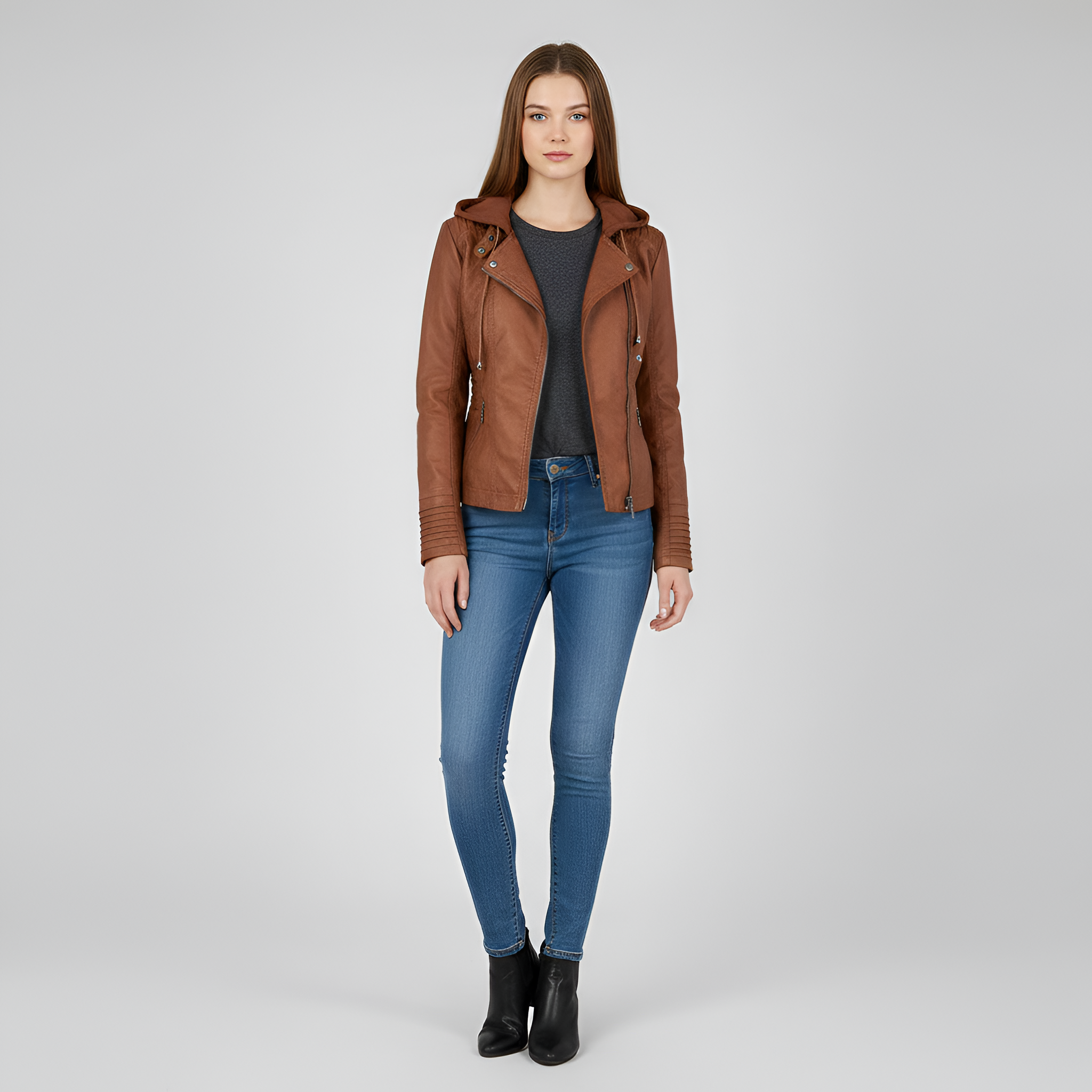 Damowa kurtka z imitacji skóry z kapturem