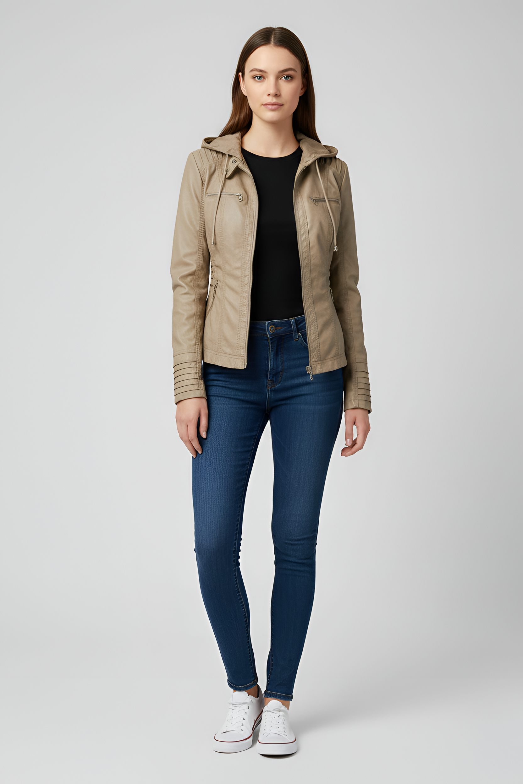 Damowa kurtka z imitacji skóry z kapturem