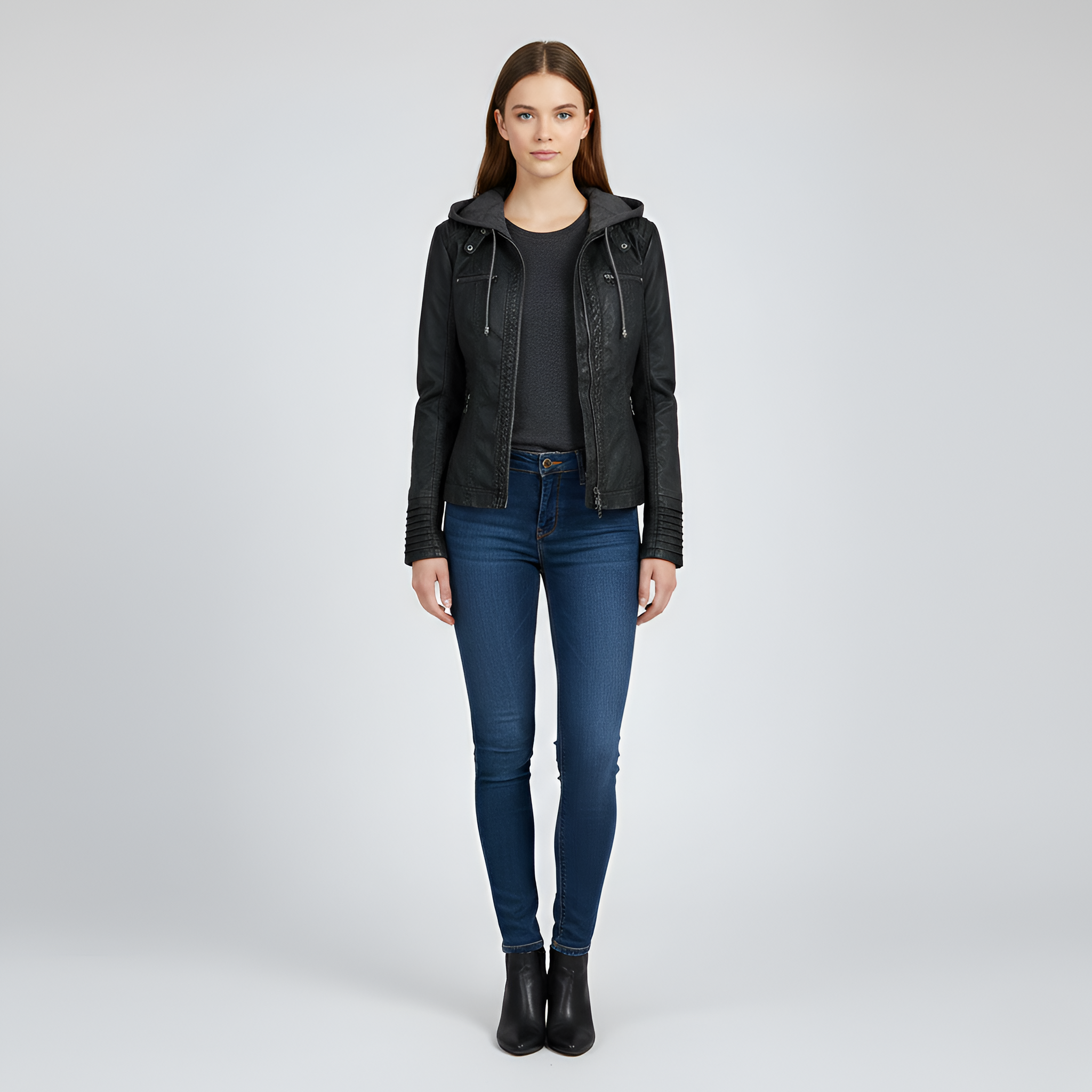 Damowa kurtka z imitacji skóry z kapturem