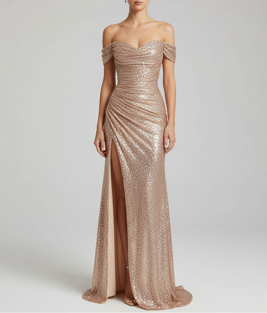 Κομψό μακρύ βραδινό φόρεμα με πούλιες και πλαϊνή σχισμή