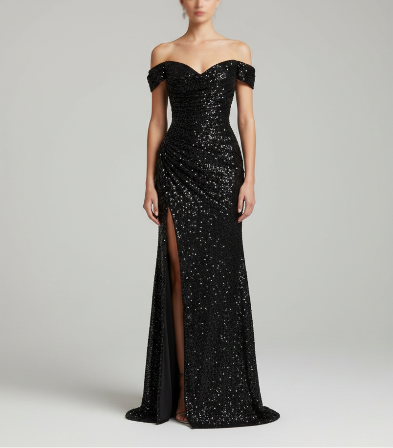 Κομψό μακρύ βραδινό φόρεμα με πούλιες και πλαϊνή σχισμή