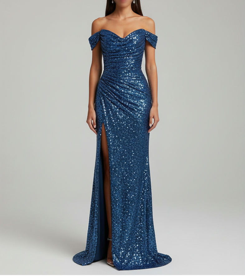 Κομψό μακρύ βραδινό φόρεμα με πούλιες και πλαϊνή σχισμή