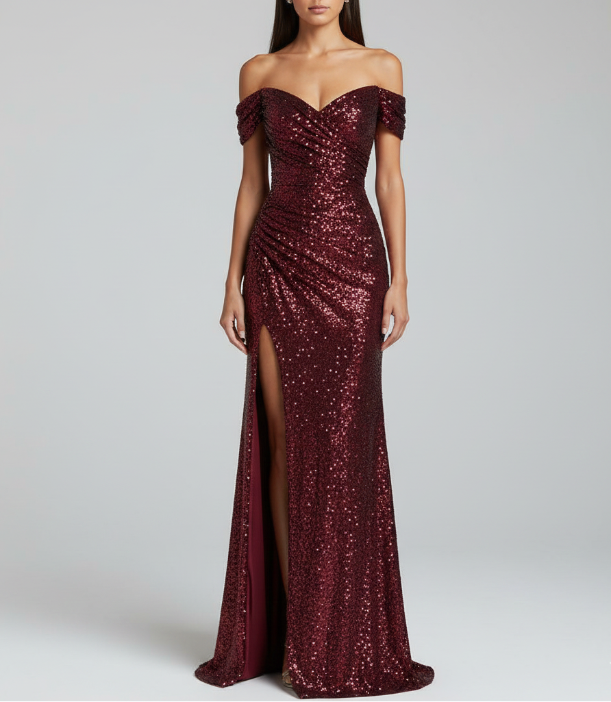 Κομψό μακρύ βραδινό φόρεμα με πούλιες και πλαϊνή σχισμή