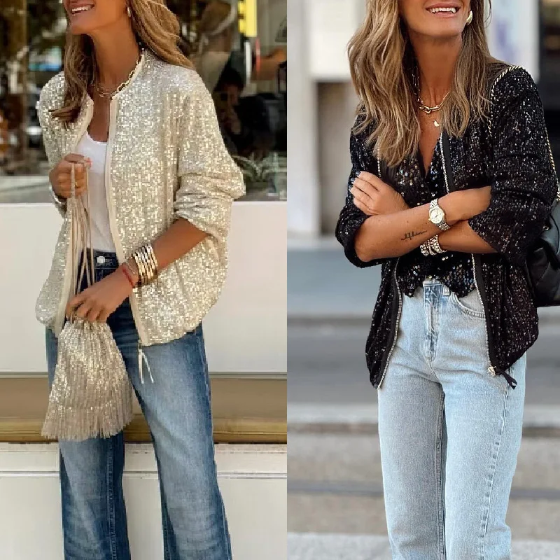 Cora - Shiny Sequin Jacket in Casual Bomber Style with Zip