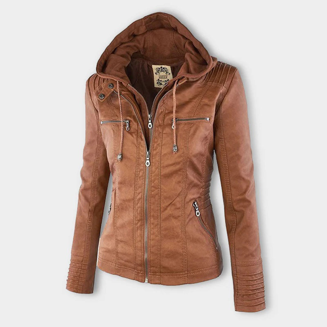 PU leather jacket with hood for women