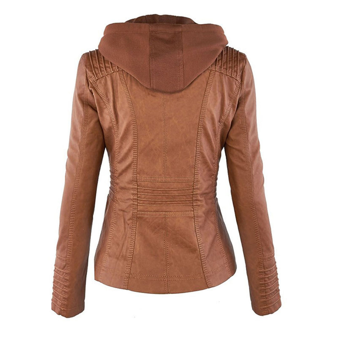 PU leather jacket with hood for women